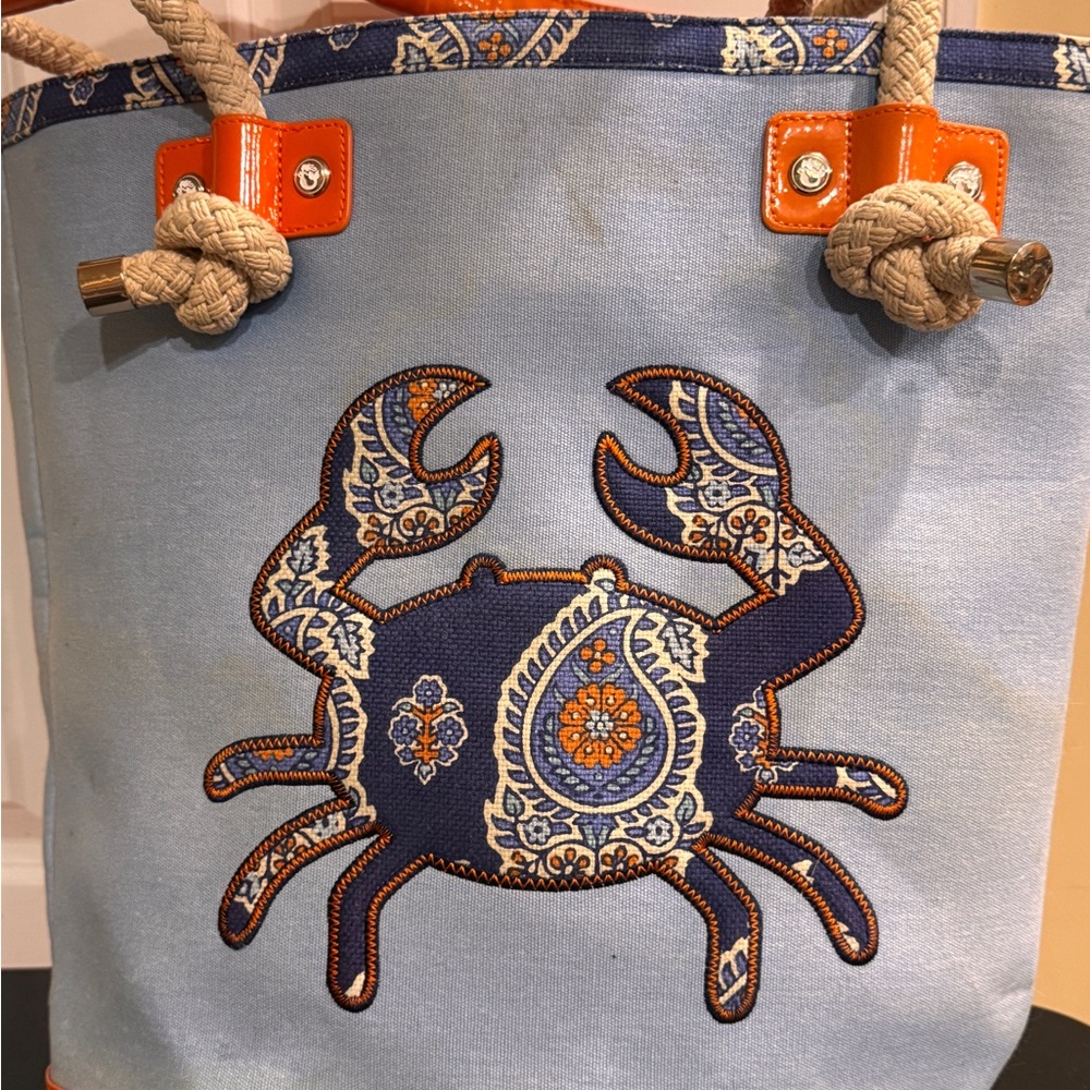 Spartina 449 Blue and Orange beach Tote Bag with Crab Design - Picture 12 of 13